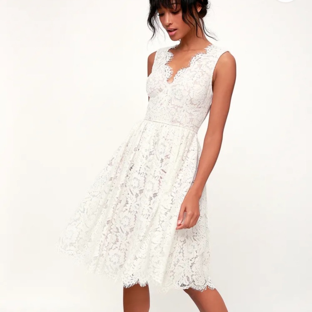 Lulus Love Swept White Lace Midi Skater Dress